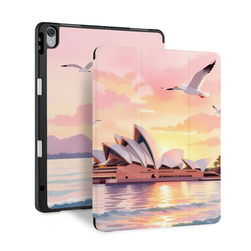 front and back view of personalized iPad case with pencil holder and Australia Oil Painting design