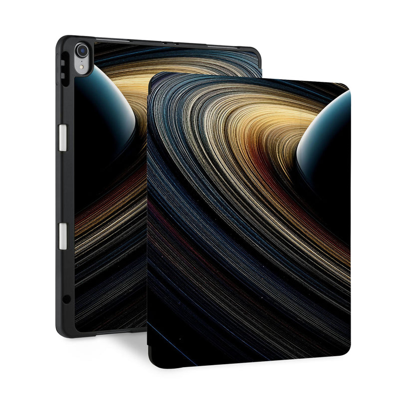 front and back view of personalized iPad case with pencil holder and Universe design