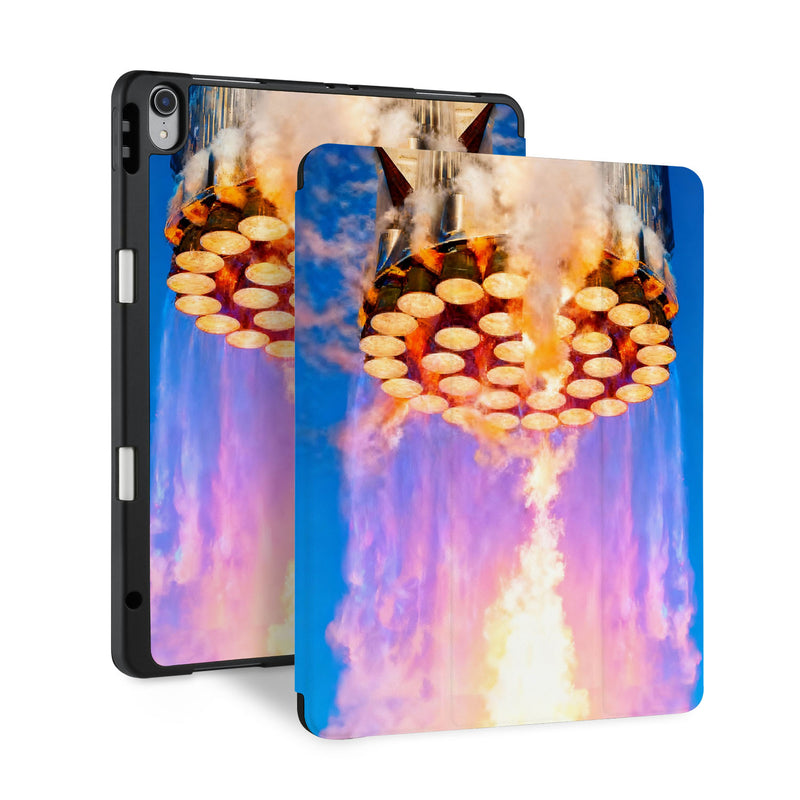 front and back view of personalized iPad case with pencil holder and Elon Musk SpaceX design