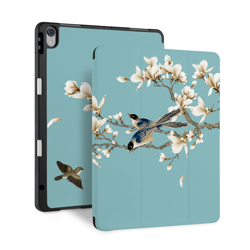 front and back view of personalized iPad case with pencil holder and Birds design