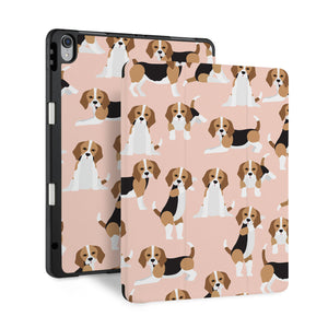 front and back view of personalized iPad case with pencil holder and Lovely Dog design