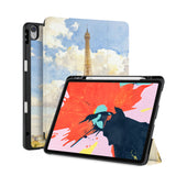 front back and stand view of personalized iPad case with pencil holder and France  Famous Attractions design - swap