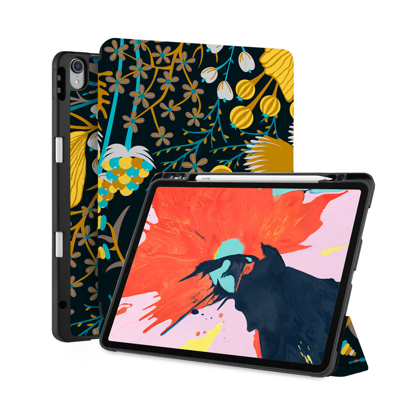 front back and stand view of personalized iPad case with pencil holder and Autumn Leaves design - swap