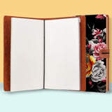 the front top view of midori style traveler's notebook with Black Flower design