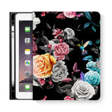 frontview of personalized iPad folio case with Black Flower design